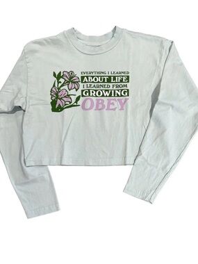⚡️NWT OBEY Light Mint Cropped Long Sleeve Tee with Pink & Green Graphic